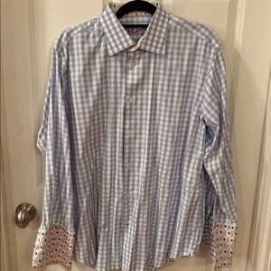 Robert Graham Blue and White Checkered Button-Up Shirt with fold up cuff.